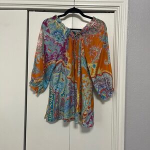 Lauren Ralph Lauren XL Silk Blouse Top Orange Blue Paisley Print